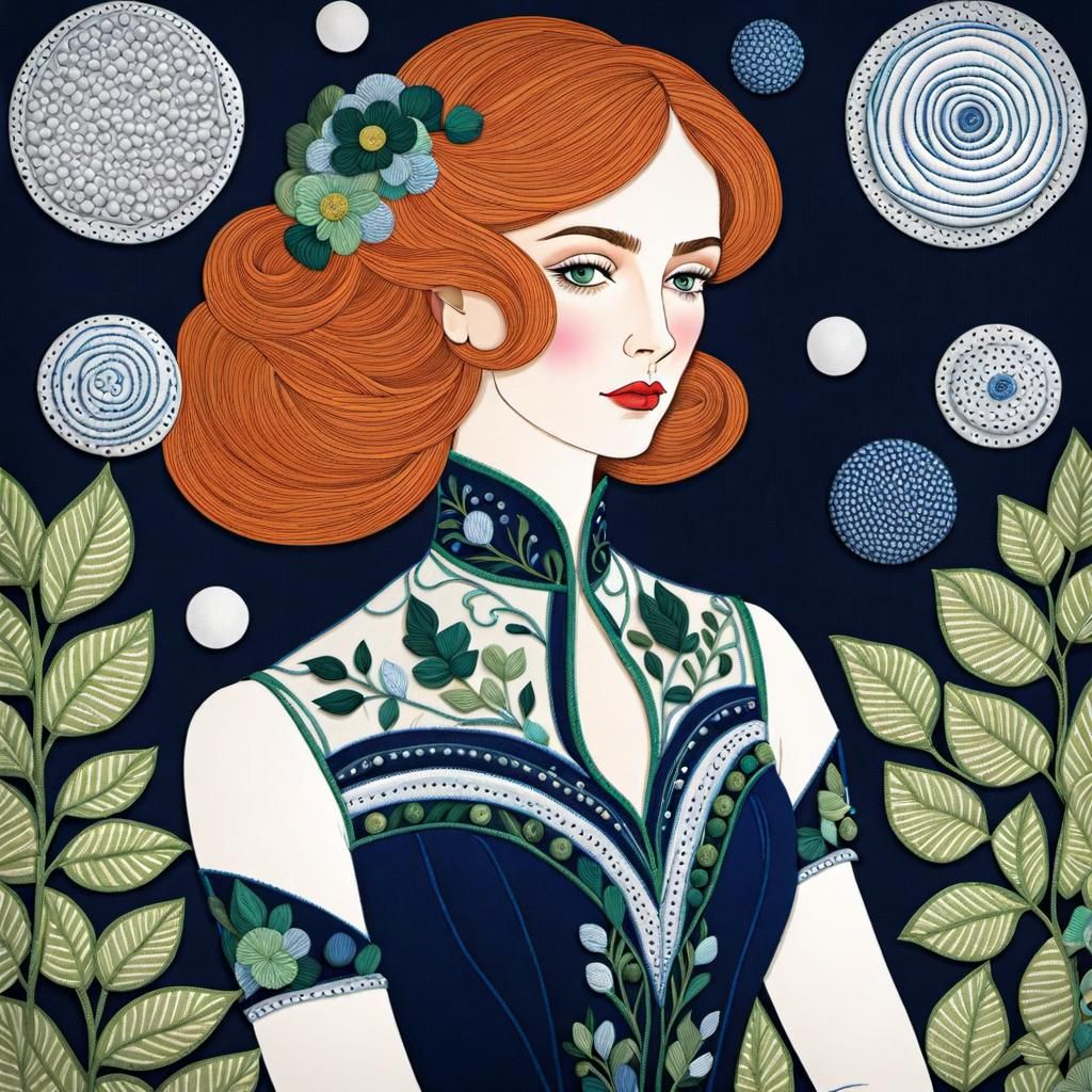 Futuristic Portrait in Gustav Klimt Embroidery Style
