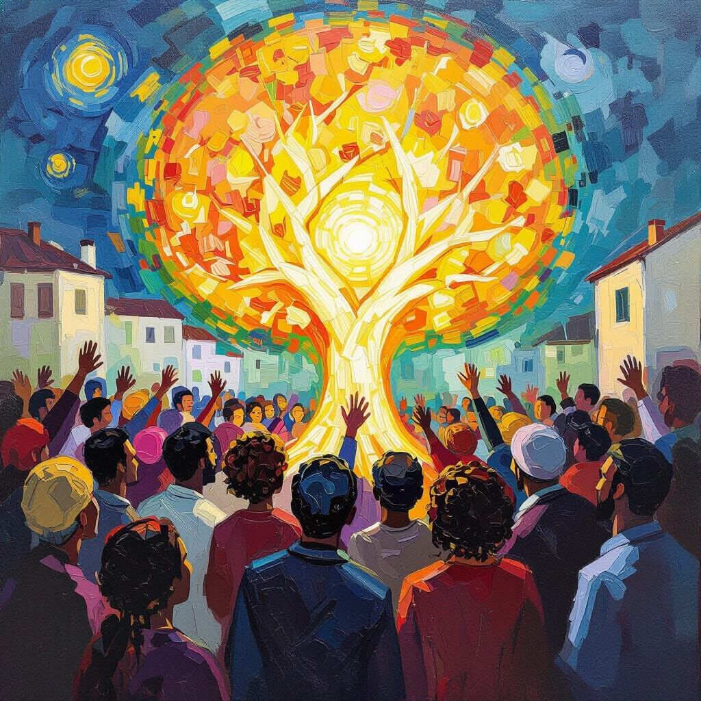 Vibrant Unity: Diverse Crowd Around Glowing Tree of Freedom