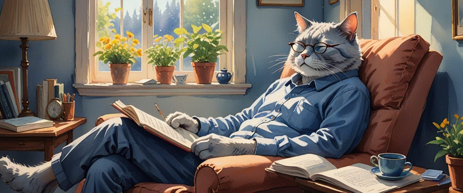 Cozy Old Man Sleeping, Watercolor Illustration