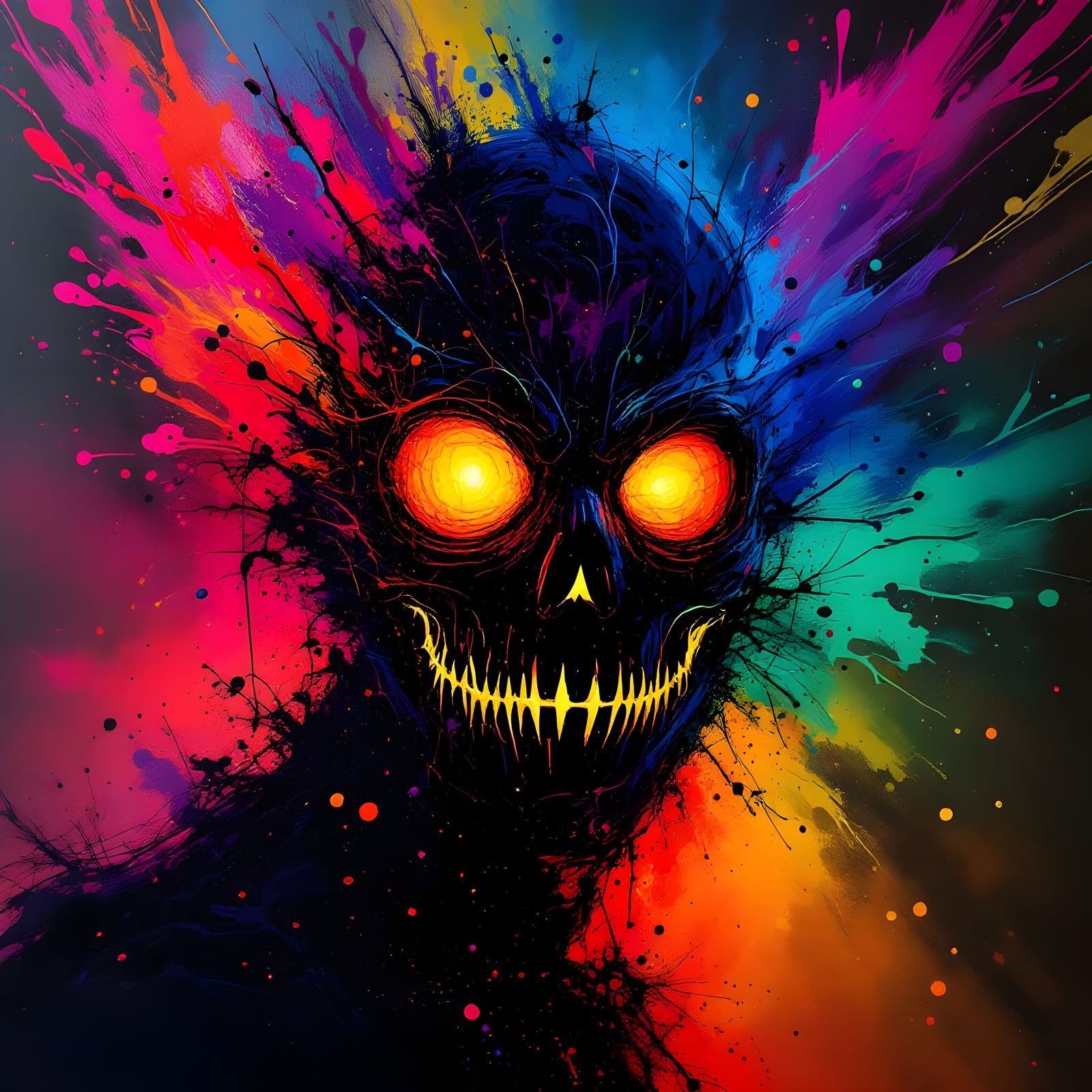 Psychedelic Nightmare Mask in Vibrant Oil Paint Splash Silho...