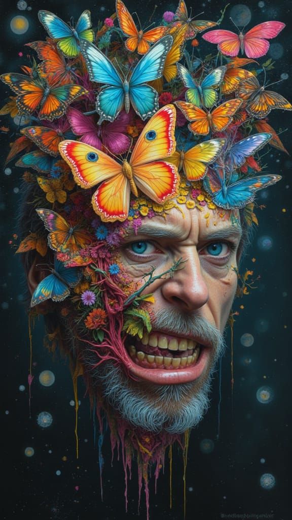 Fractal Face of Man Mutated with Birds and Insects