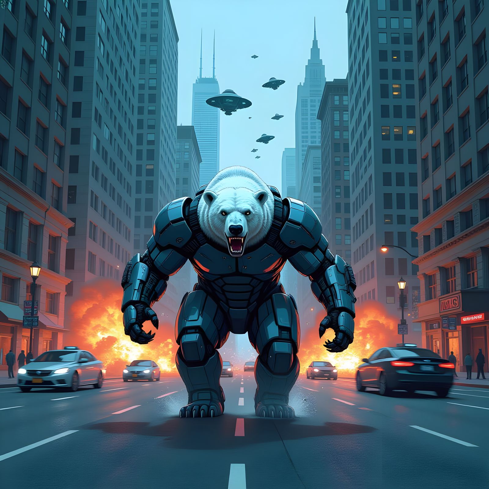 Cyborg Polar Bear vs Alien Invasion Comic Book Art