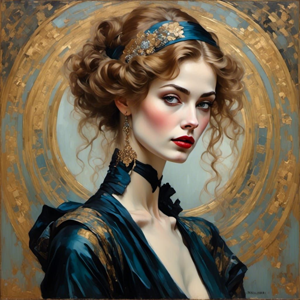 Elegant Art Nouveau Portrait of Woman with Geometric Motifs