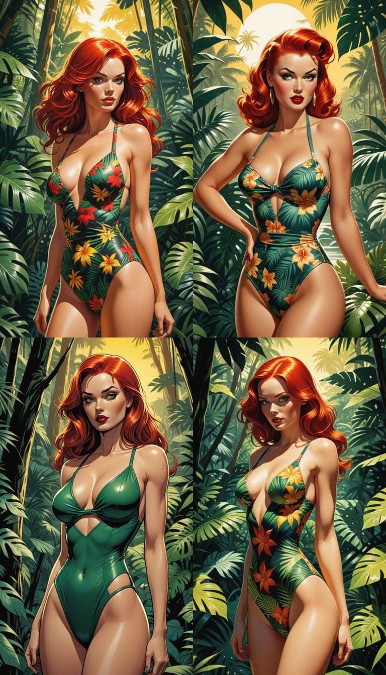 Sultry Redhead in Vintage Swimsuit Amidst Tropical Forest