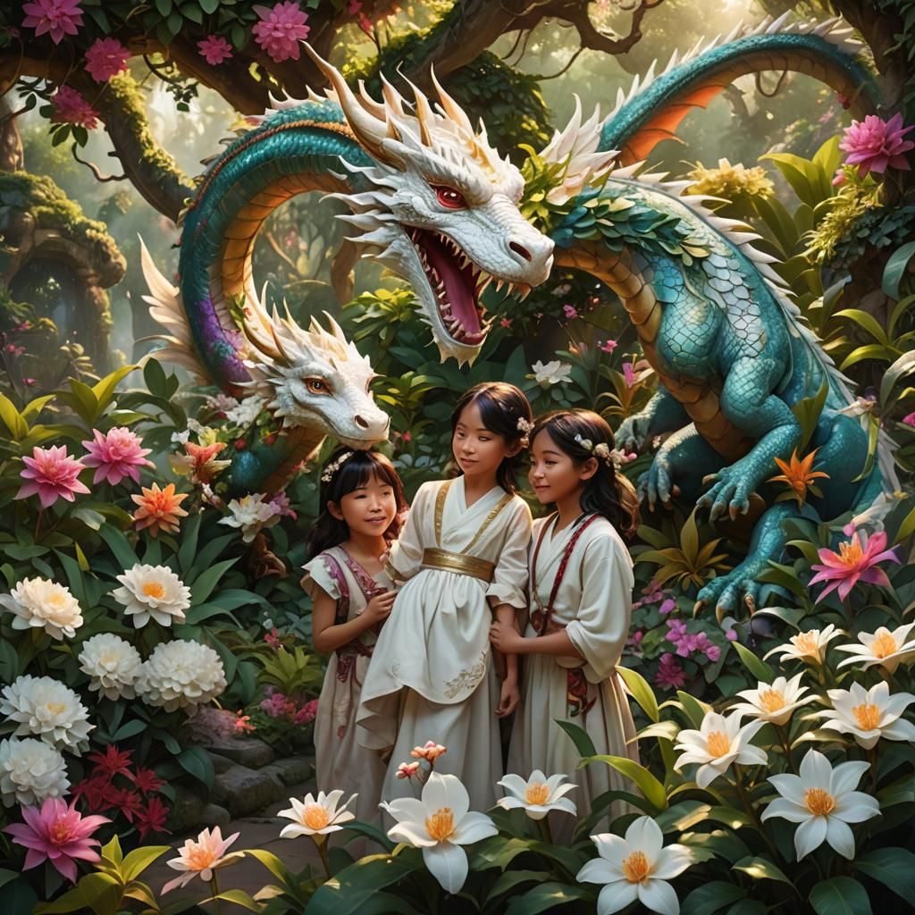 Jasmine Dragon and Children in Fantasy Garden