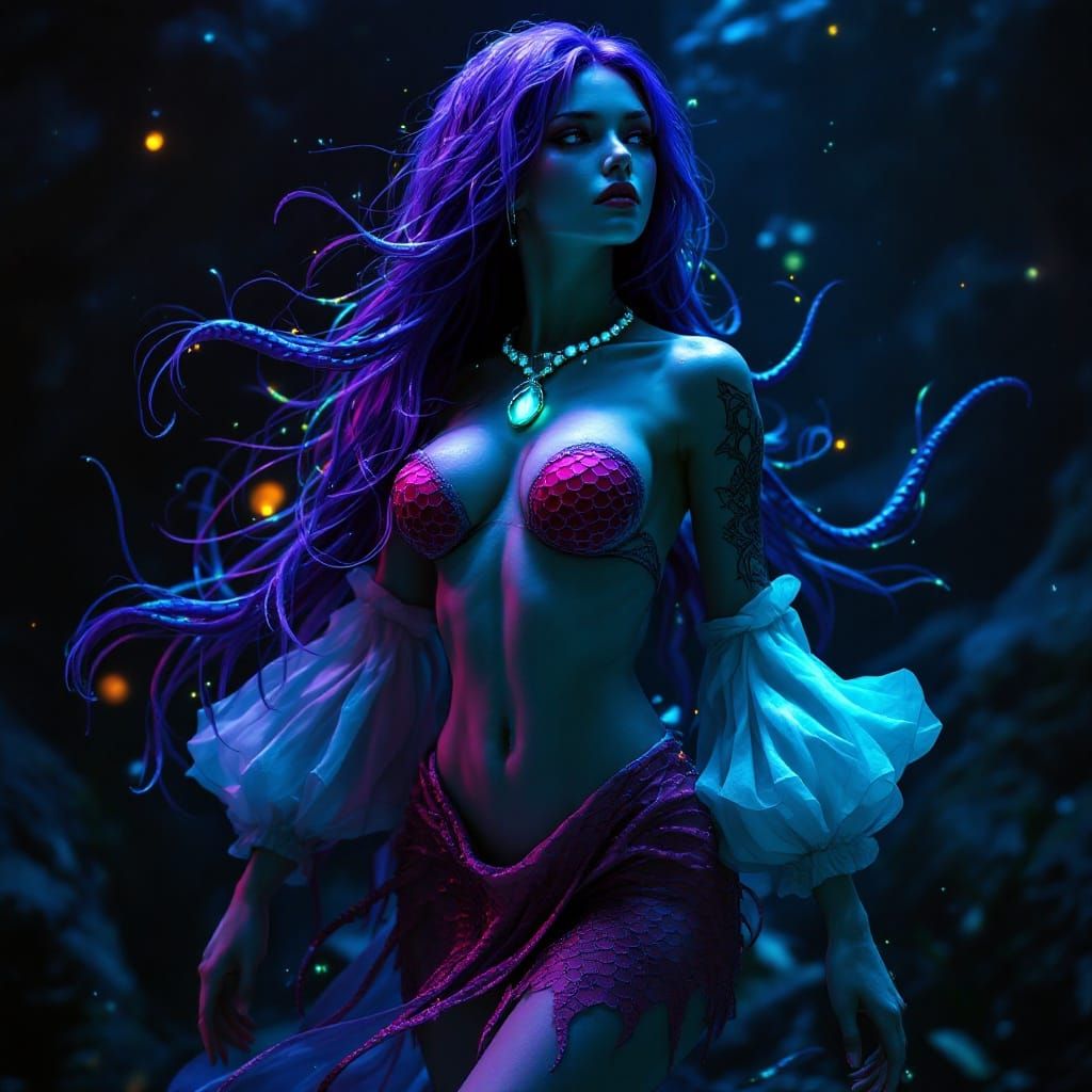 Ethereal Aquatic Alien in Purple and Green Tentacles, Shimme...