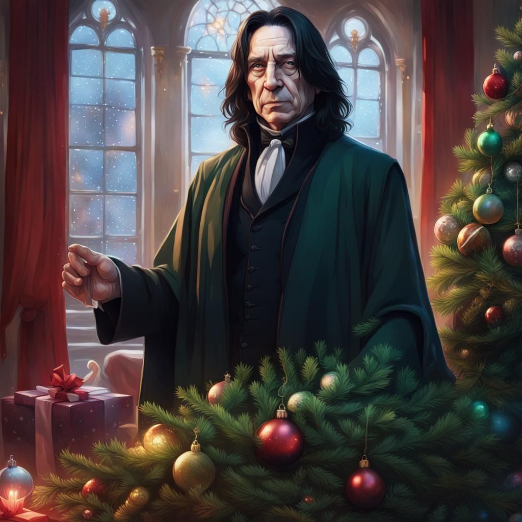 Severus Snape Decorating Christmas Tree: Detailed Portrait