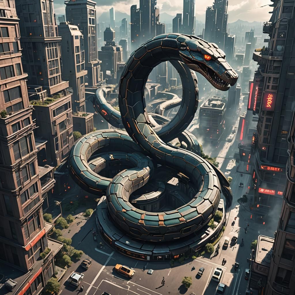 Cyberpunk Snake Destroys Future City in 3D