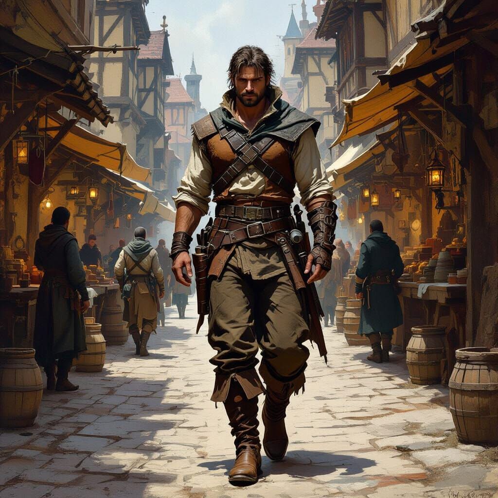 Medieval Mercenary in Bustling Marketplace