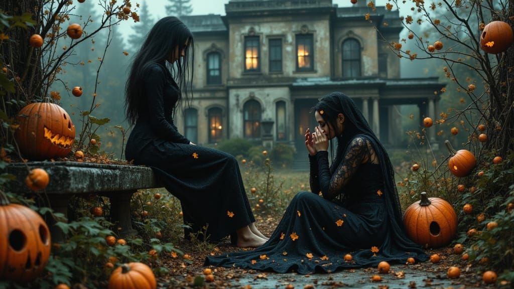 Gothic Woman in Haunted Garden with Porcelain Doll