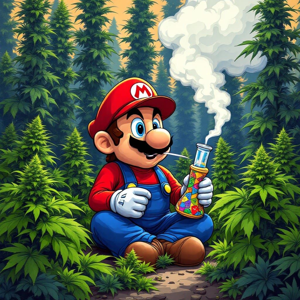 Mario in a Vibrant Cannabis Field, Smoking a Colorful Bong