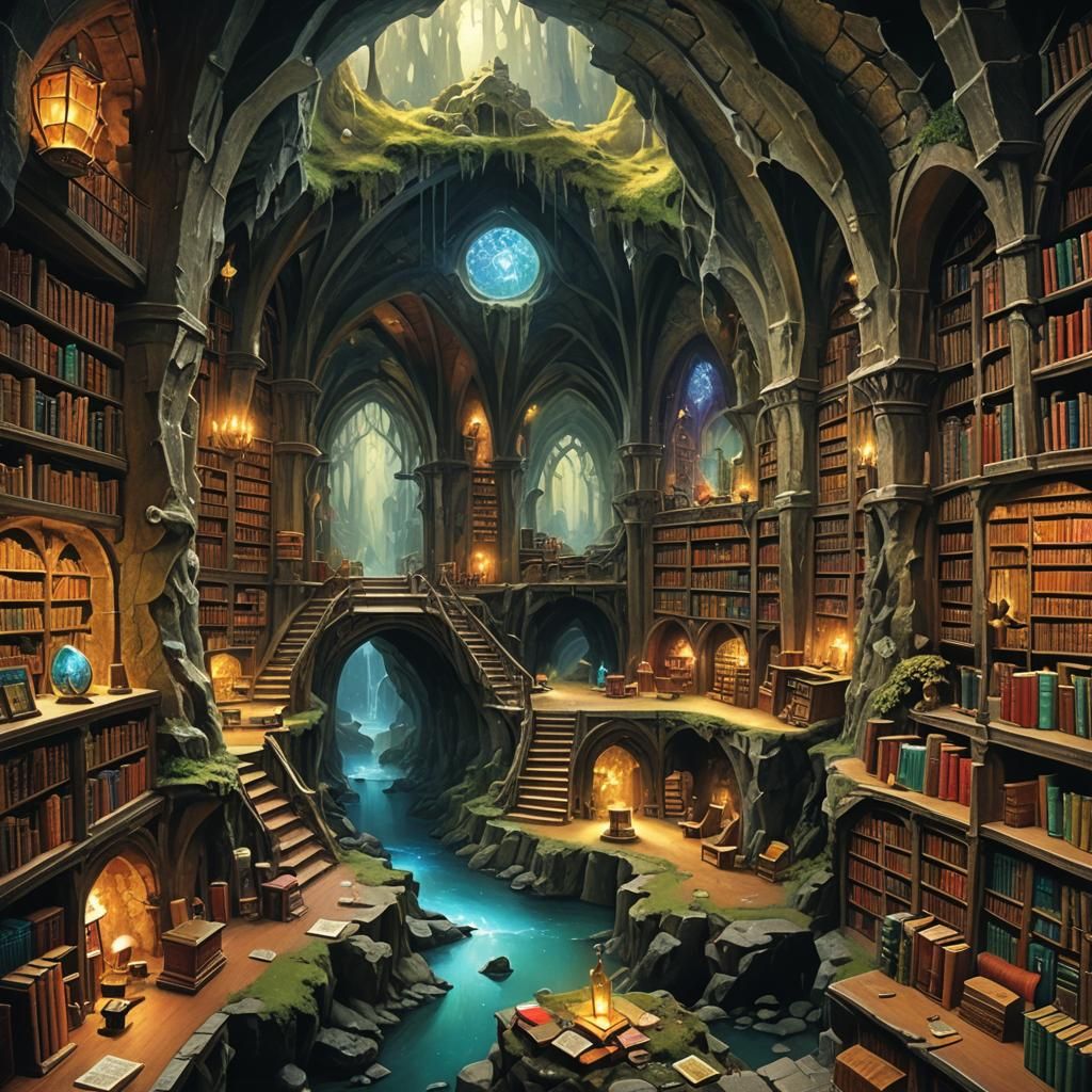 Middle Earth Library in Fantasy Art Style