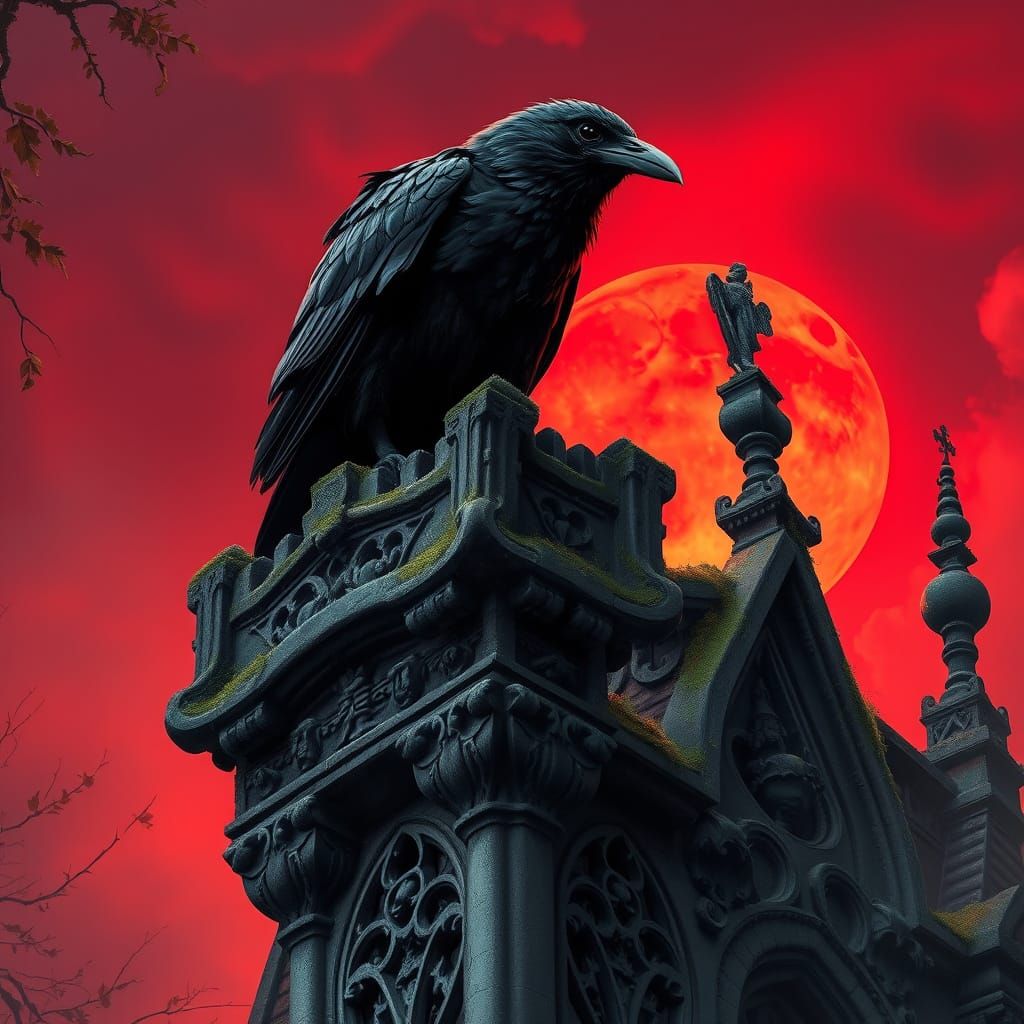 Mysterious Raven Perched on a Gothic Gargoyle Amidst a Haunt...