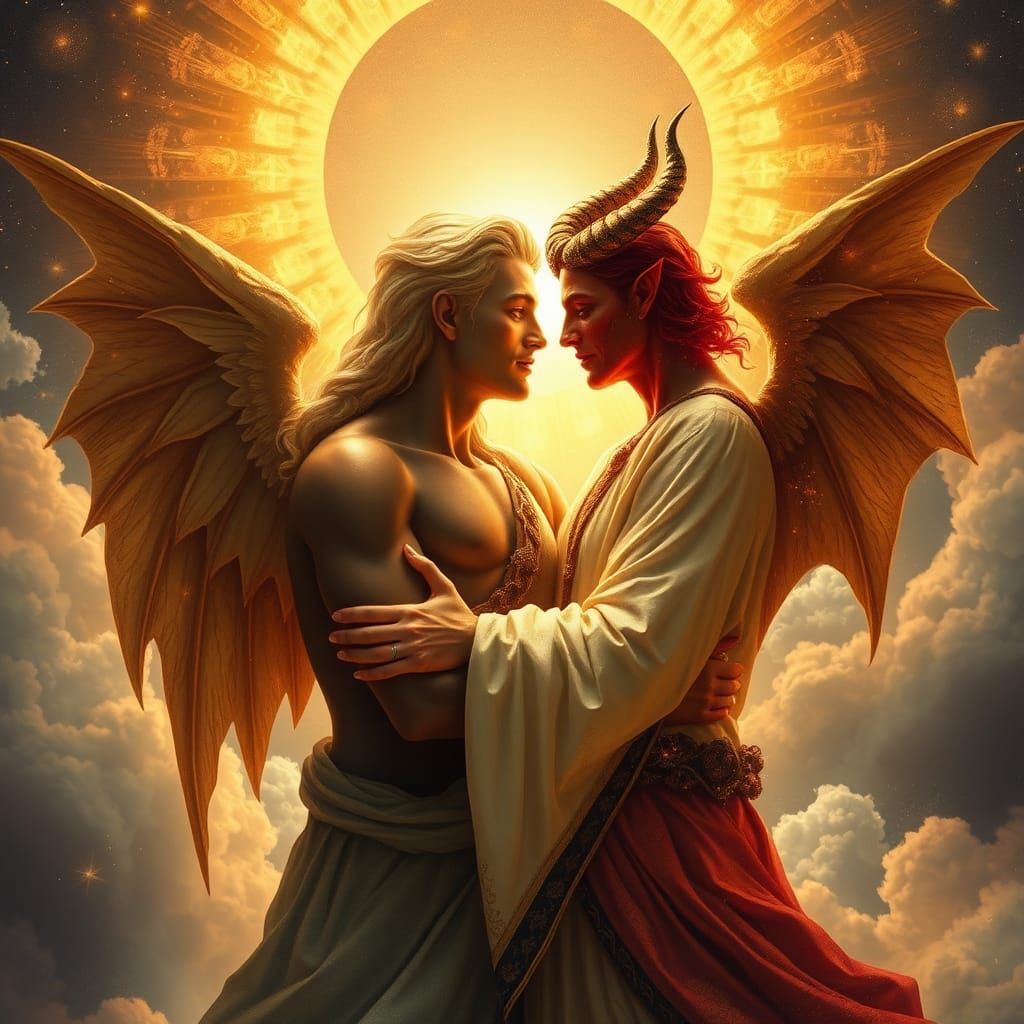 God and Devil Embrace in Celestial Harmony