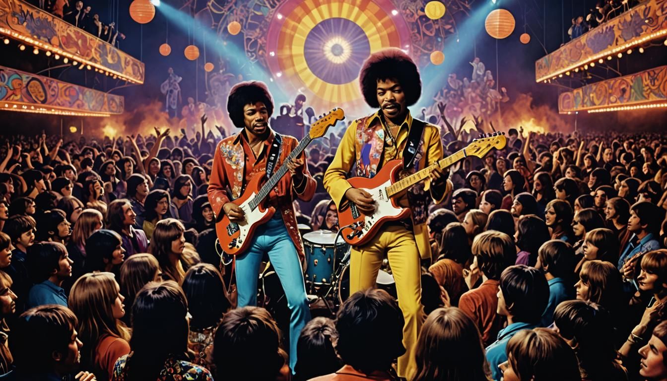 Jimi Hendrix on stage under psychedelic lights