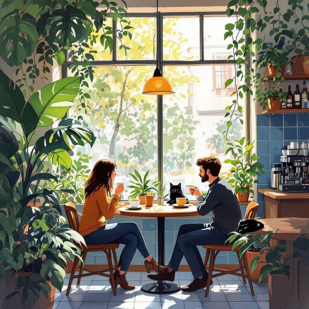 Cozy Bar Scene with Cat, Plants, and Coffee