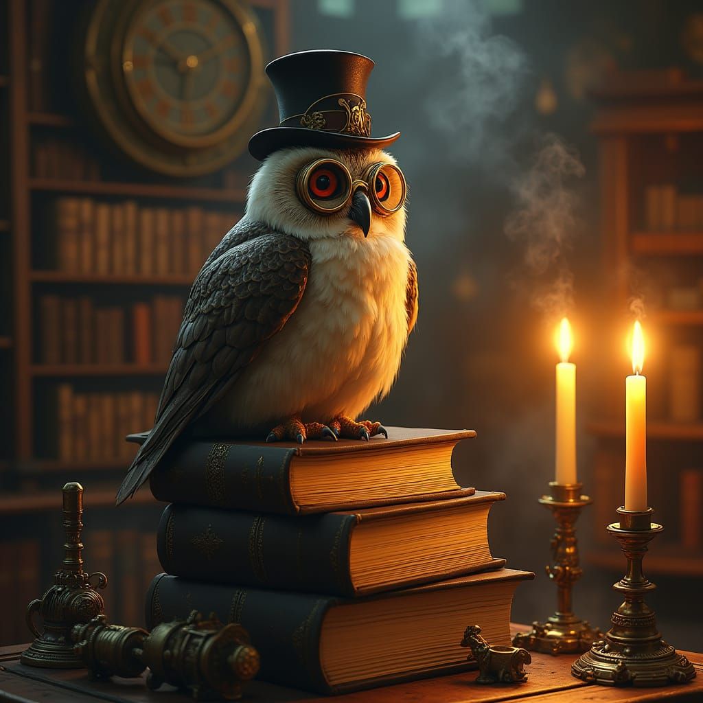 Steampunk Owl in Elegant Victorian Library