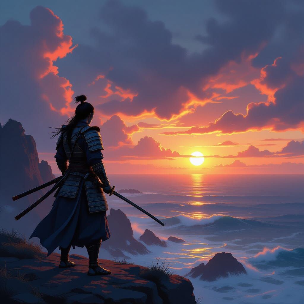 Samurai Warrior on Cliff Overlooking Turbulent Sea