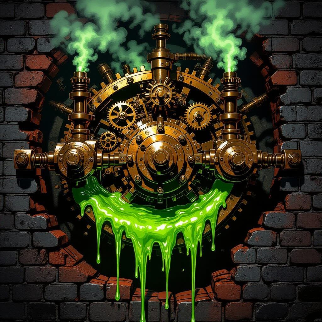 Steampunk Engine Behind Rusted Screws Dripping Green Goo