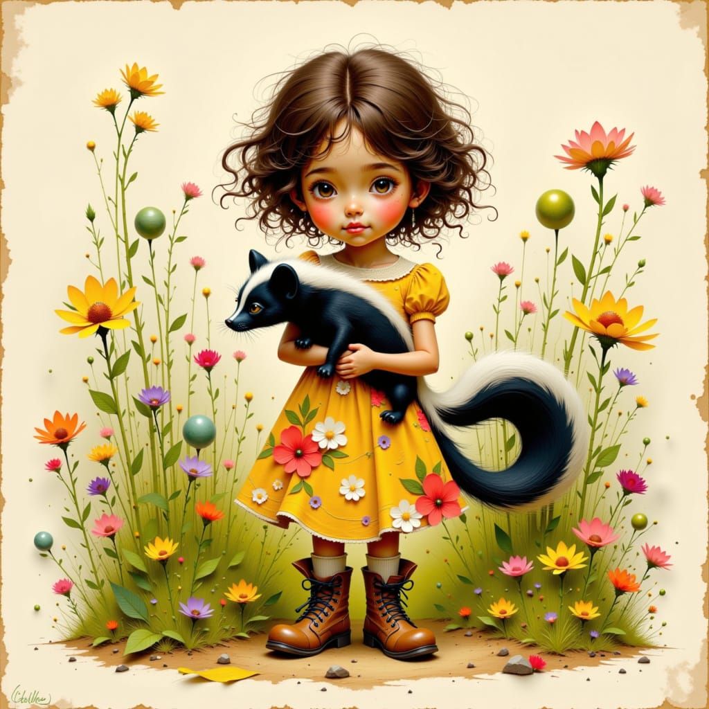 Girl Cradling Skunk in Watercolor Style