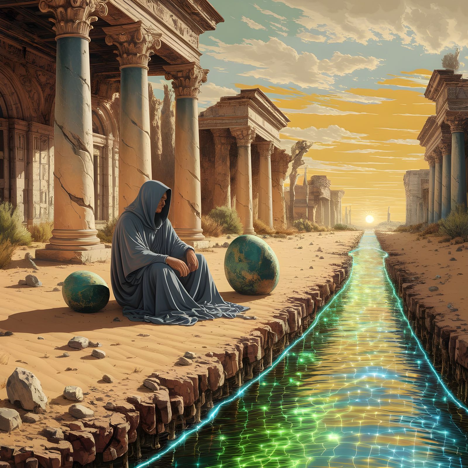 Desert Ruins with Dinosaur Eggs in Oil Painting Style