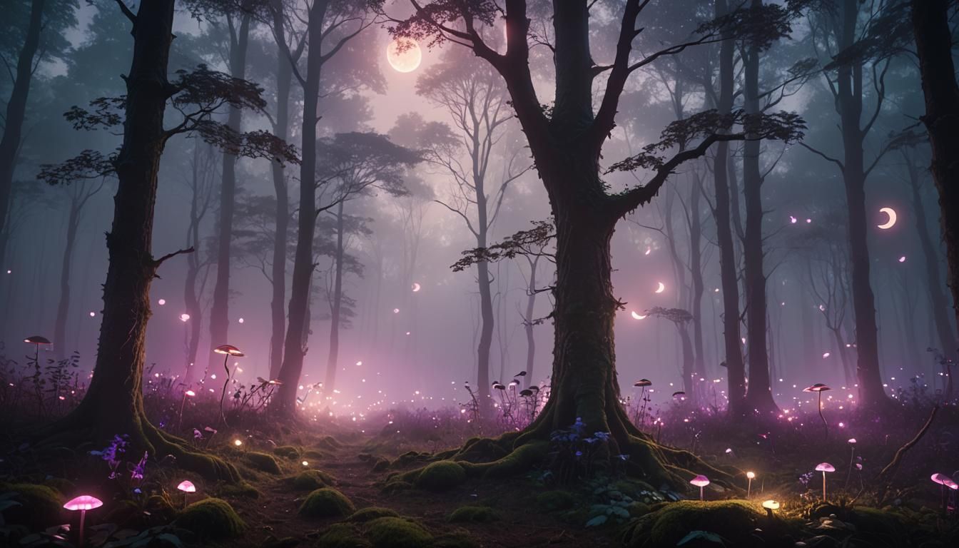 Mystical Forest with Three Moons: Cinematic Digital Art