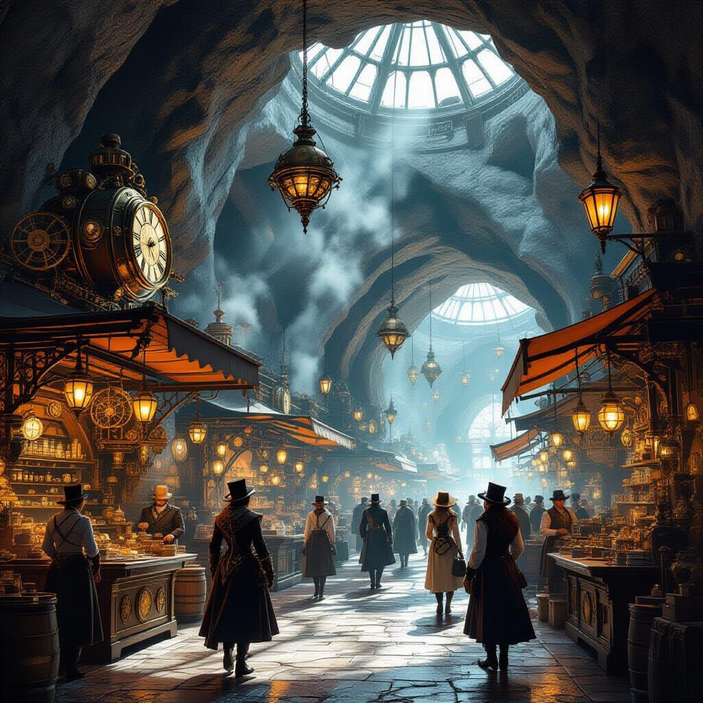 Steampunk Geode Marketplace with Clockwork Stalls
