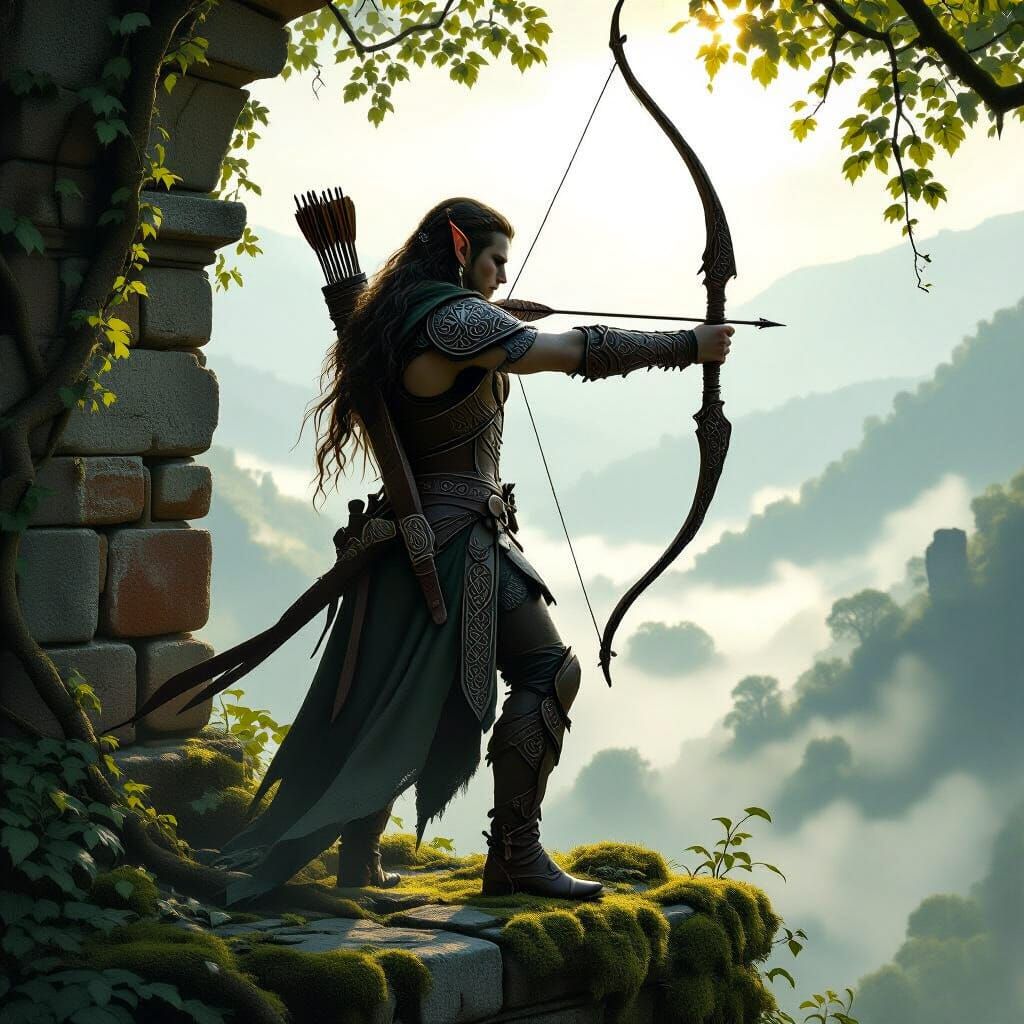 Stoic Elf Archer on Ancient Ruin in Misty Valley
