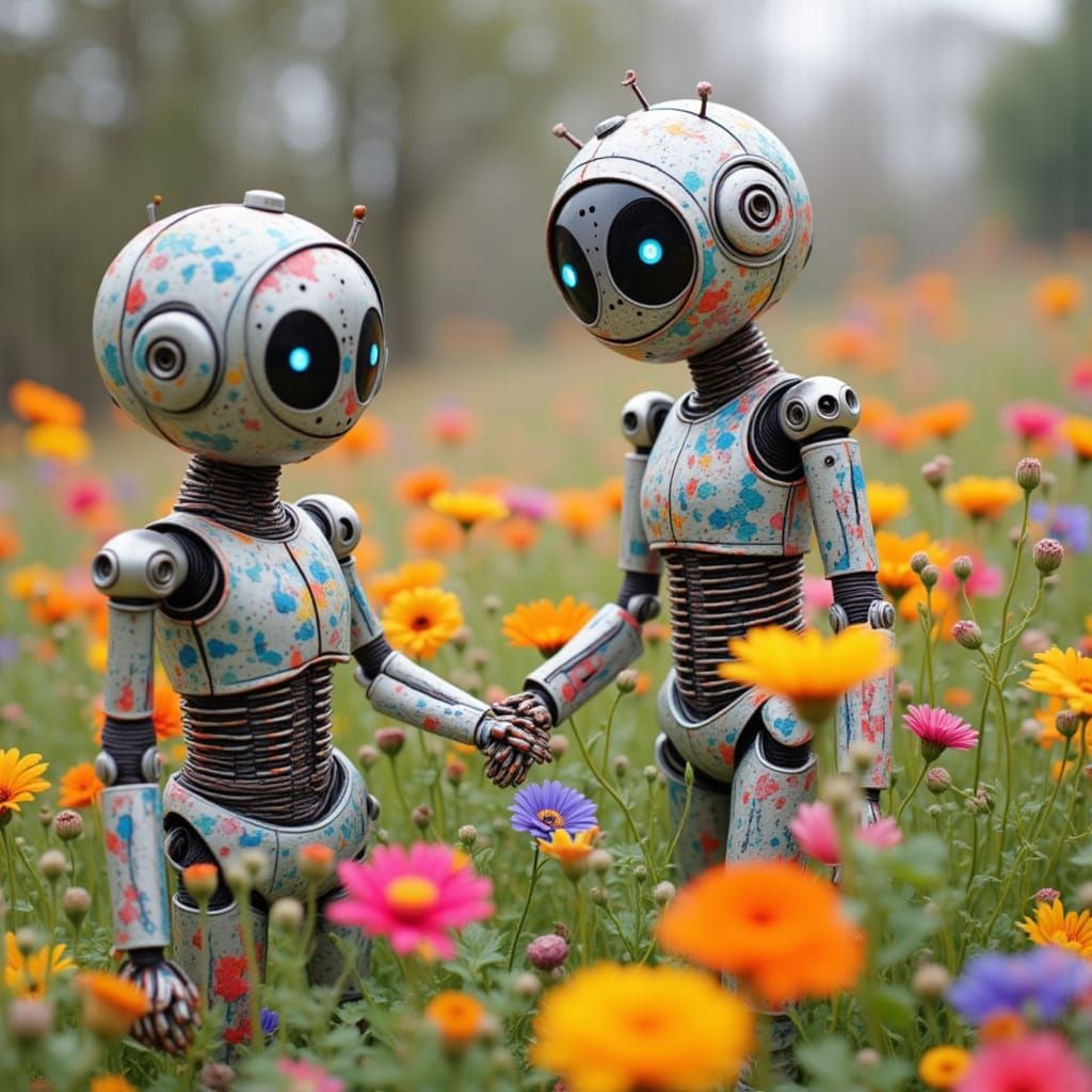 Cute Robots in a Flower Garden