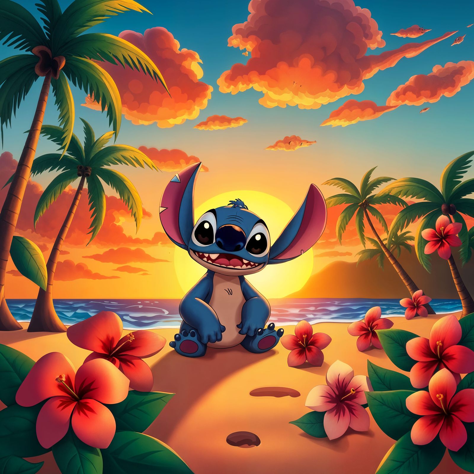 Stitch Enjoys a Tropical Sunset on a Hawaiian Beach