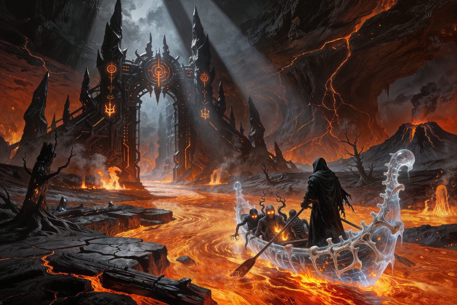 Surreal Hellscape: Spectral Boat Approaches Gates of Hell
