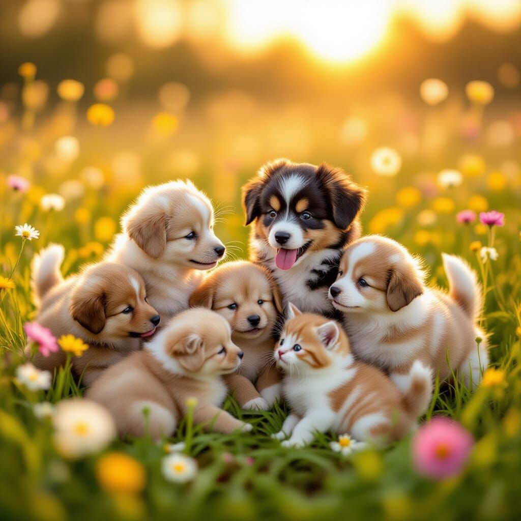 Fluffy Puppies and Kittens Play in Wildflower Meadow
