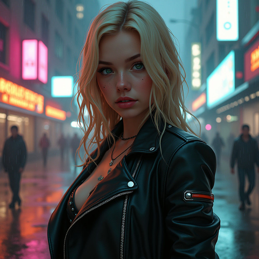 Futuristic Blonde in Dystopian Cityscape: Cyberpunk Art