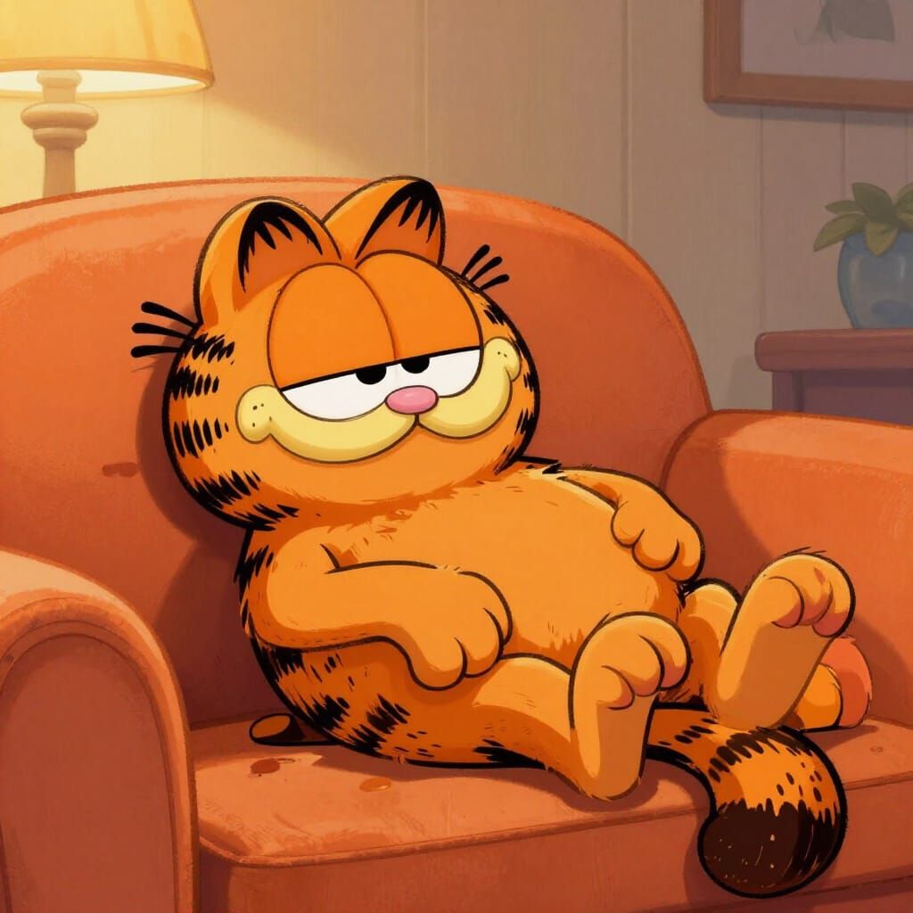 Sleepy Garfield Cat on Orange Couch in Cozy Setting