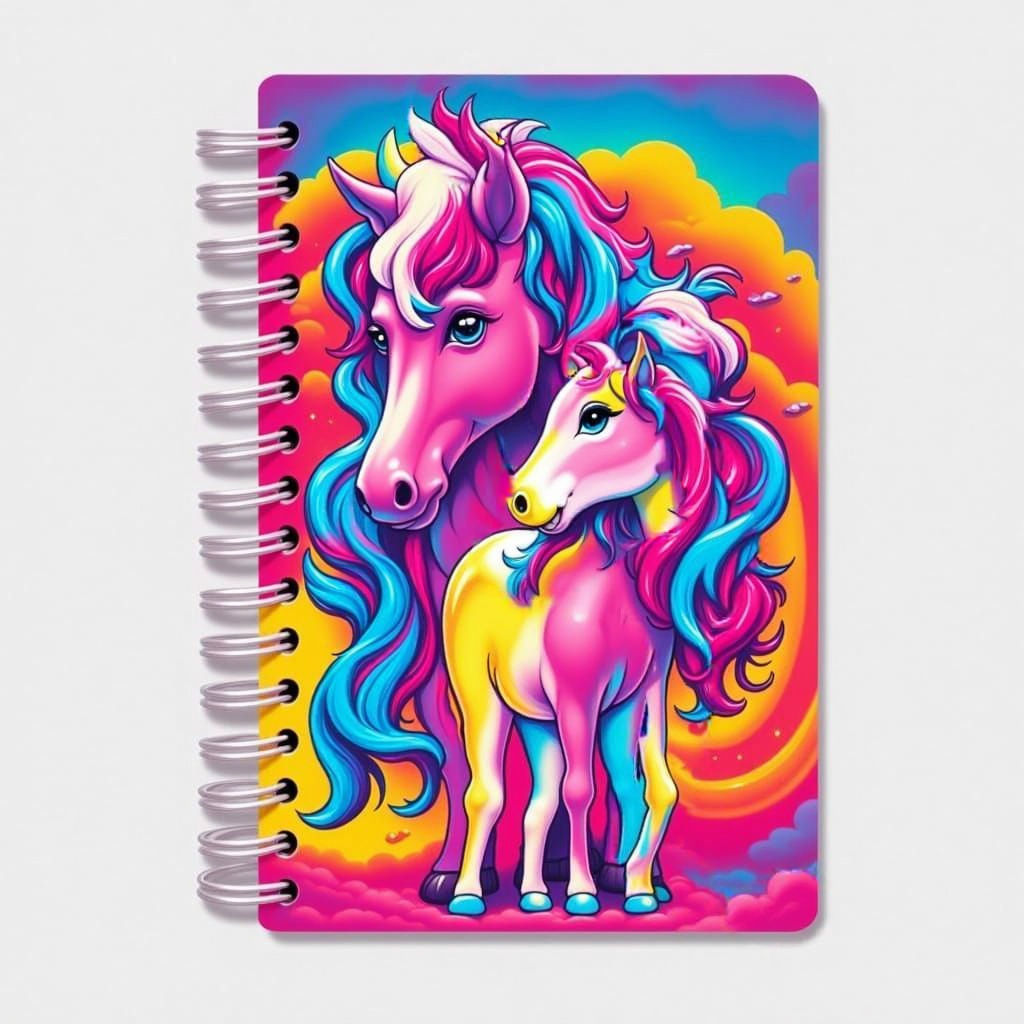 a notebook with a cover graphic of a horse and foal, Lisa Frank style