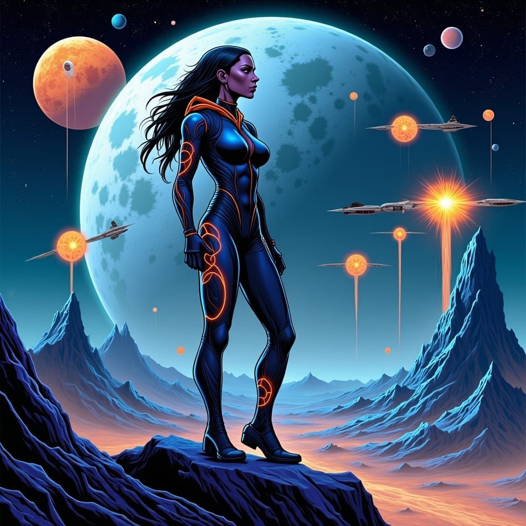 Woman Gazing at Moon in Psychedelic Space Combat