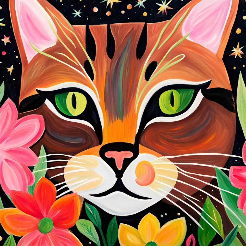 Brown Cat with Flowers in Gouache Style
