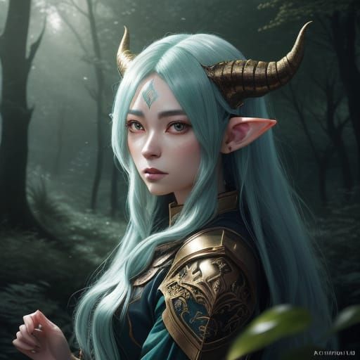 Elf Girl with Dragon Horns in Magical Forest