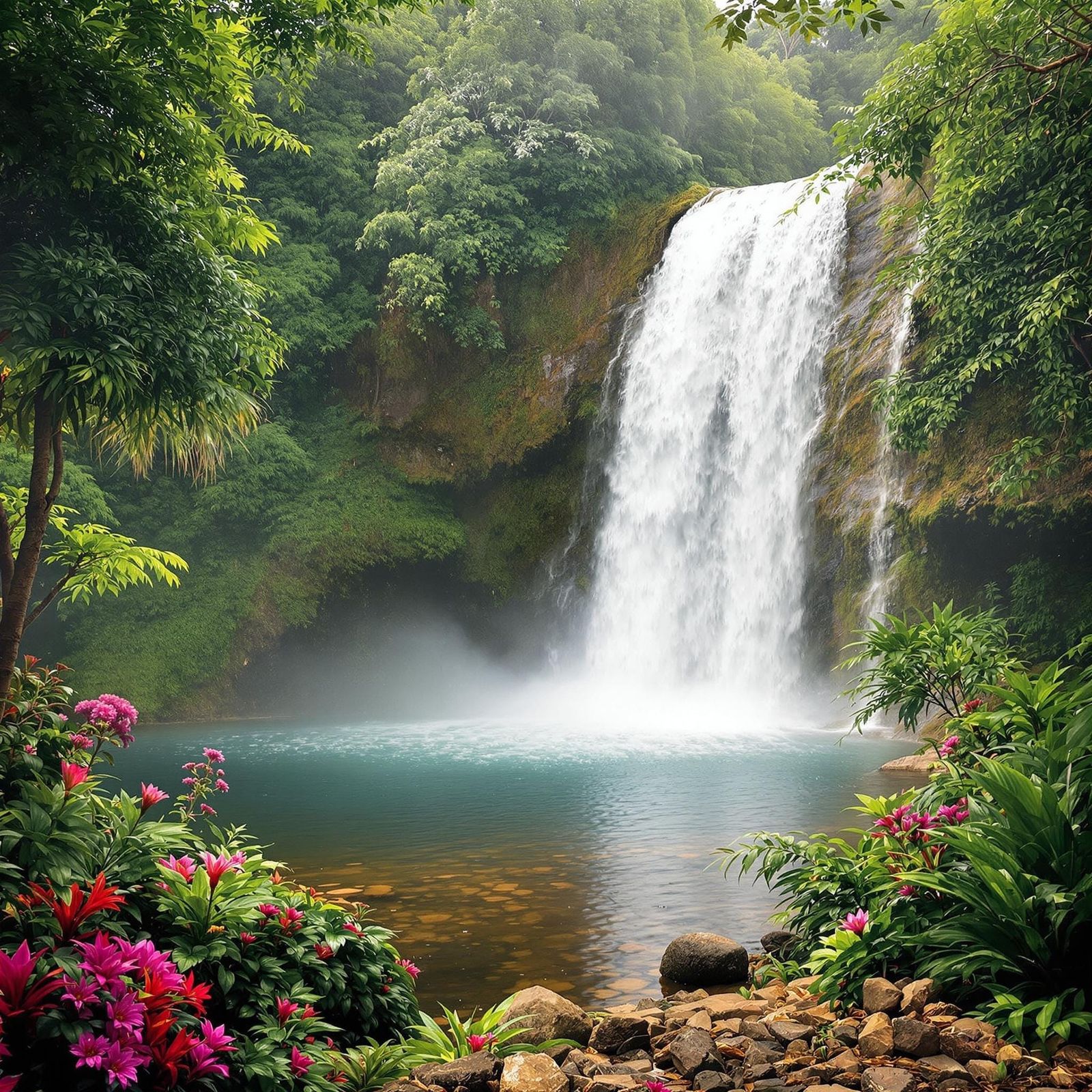 Tropical Jungle Waterfall in Vibrant Hyper-Realism