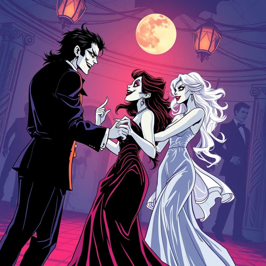 Vampires Dancing at Halloween Prom in Alcohol Ink Style