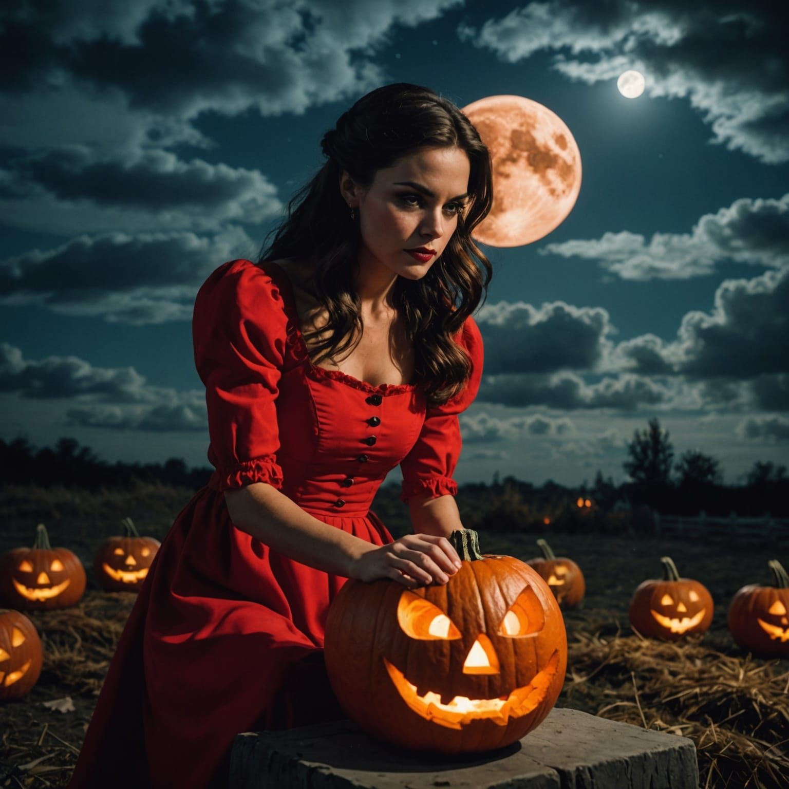 Brunette Carving Pumpkin on Halloween, Cinematic Film Still