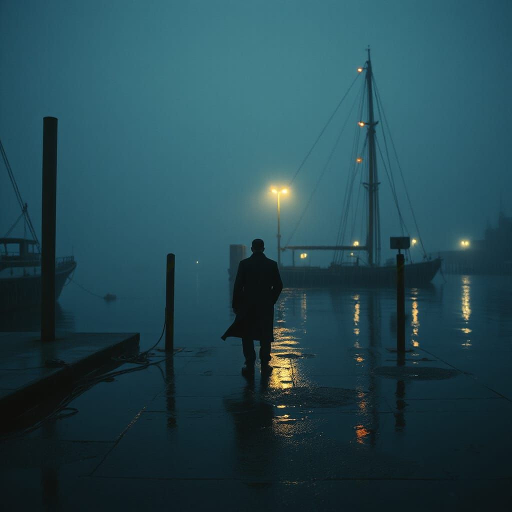 Gloomy Evening Seaport with Lone Figure in Rain