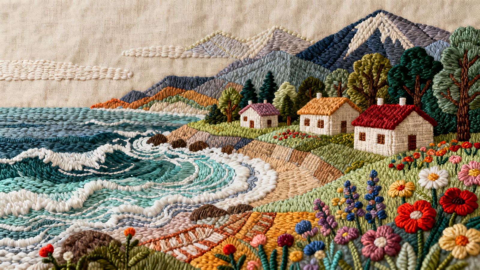 Intricate Fabric Landscape Art with Houses, Sea, and Mountai...