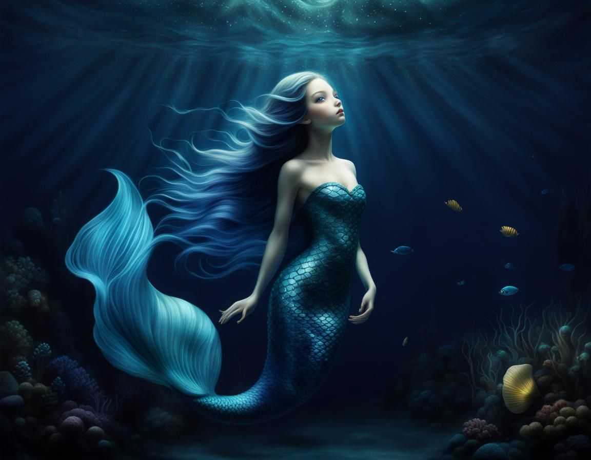 Underwater Mermaid in Dark Blue, Surreal Style