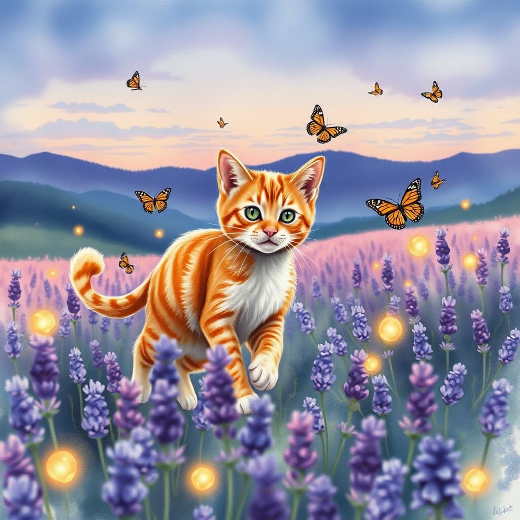 Ginger Cat's Twilight Chase: A Watercolor Masterpiece