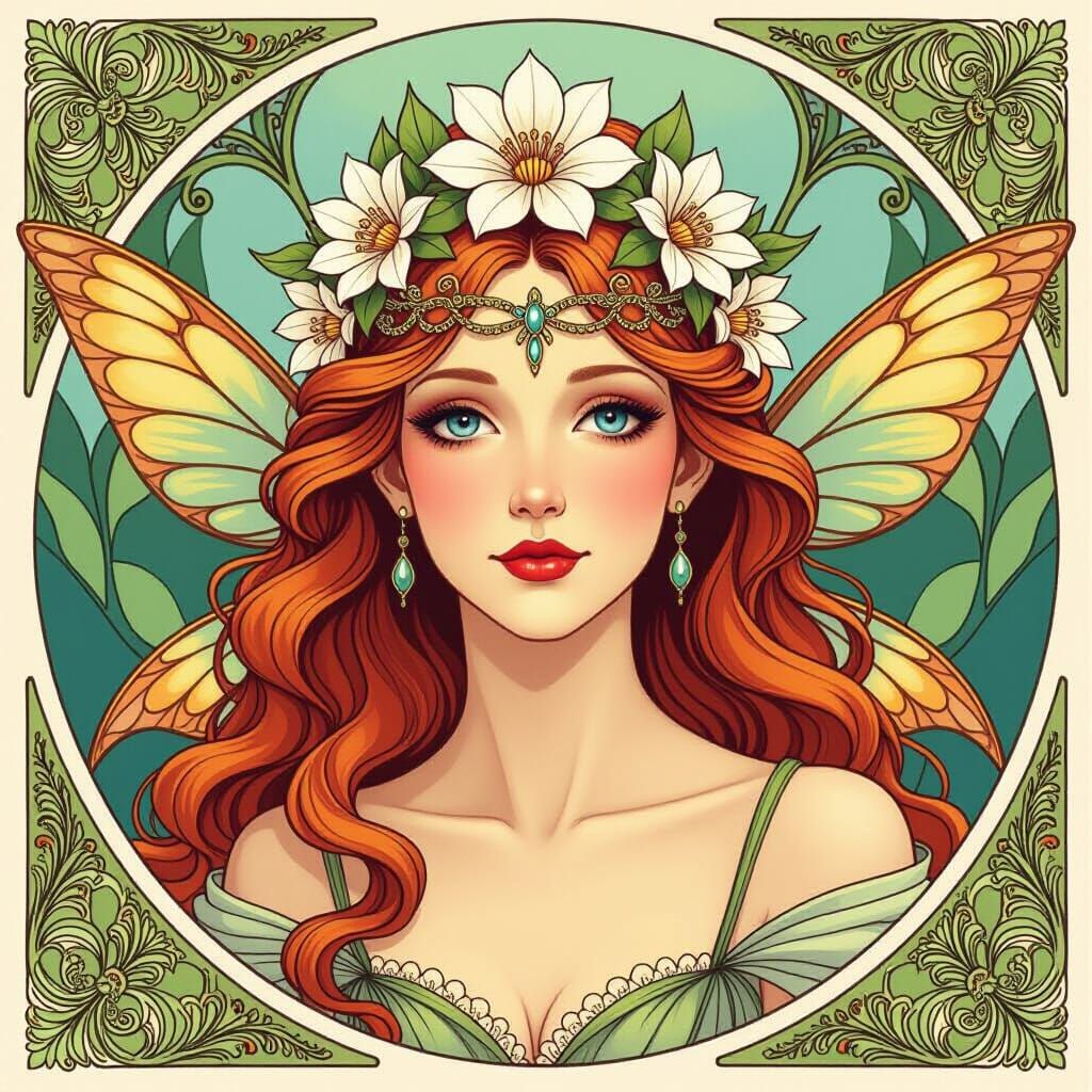 Fairy Queen with Flower Tiara in Art Nouveau Style
