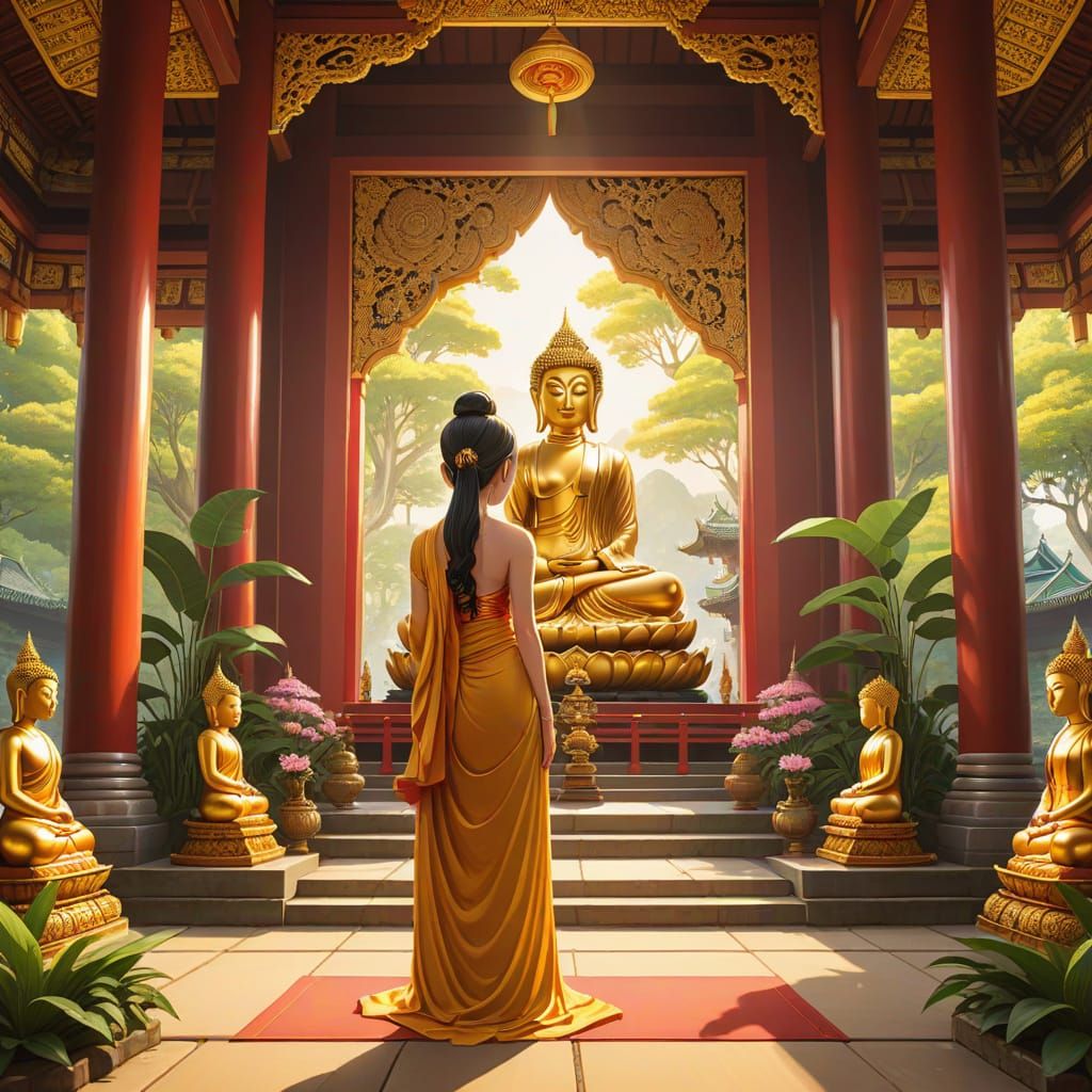 Anime Woman Praying in Thai Temple: Manga Illustration