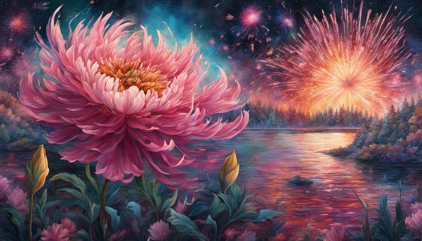 Spectacular Fireworks Display over Lake, Astral Illustration