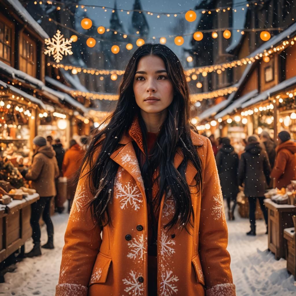 Girl in Orange Suit at Christmas Market in Art Nouveau Style