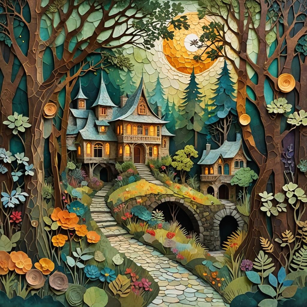 Dimensional Paper Collage Forest Path to Fantasy Building